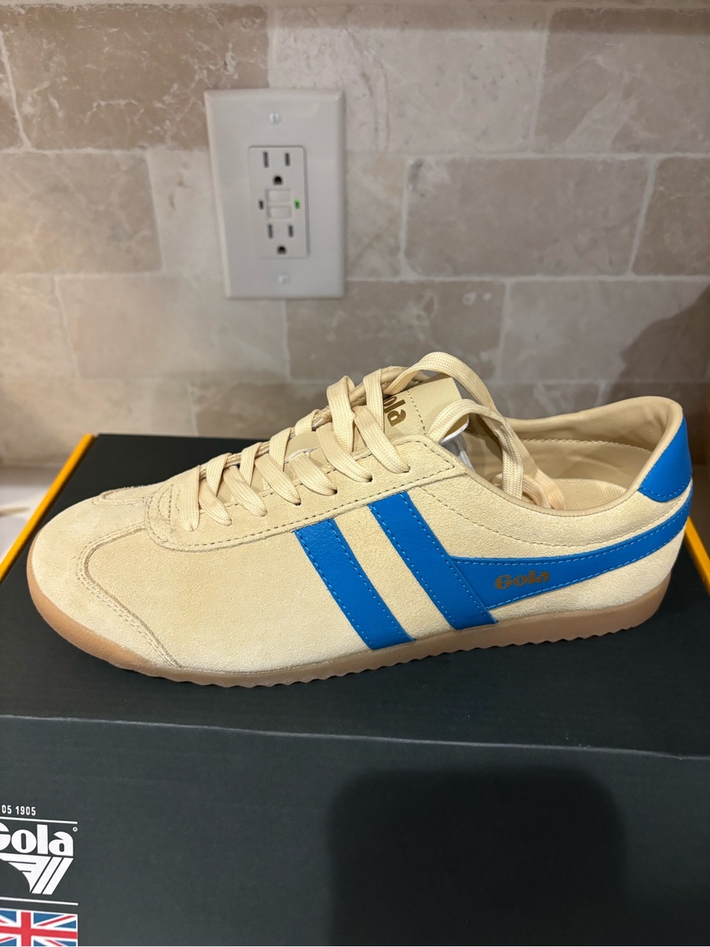 Gola Women's Beige Bullet Suede Sneakers with Blue Stripes